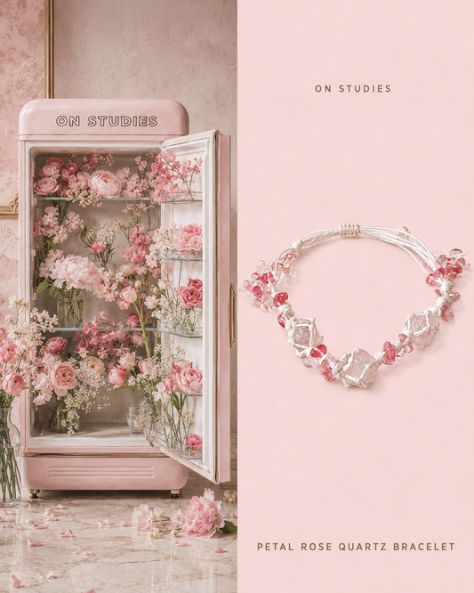 Petal Rose Quartz Bracelet color study with rose quartz and sparkling accents