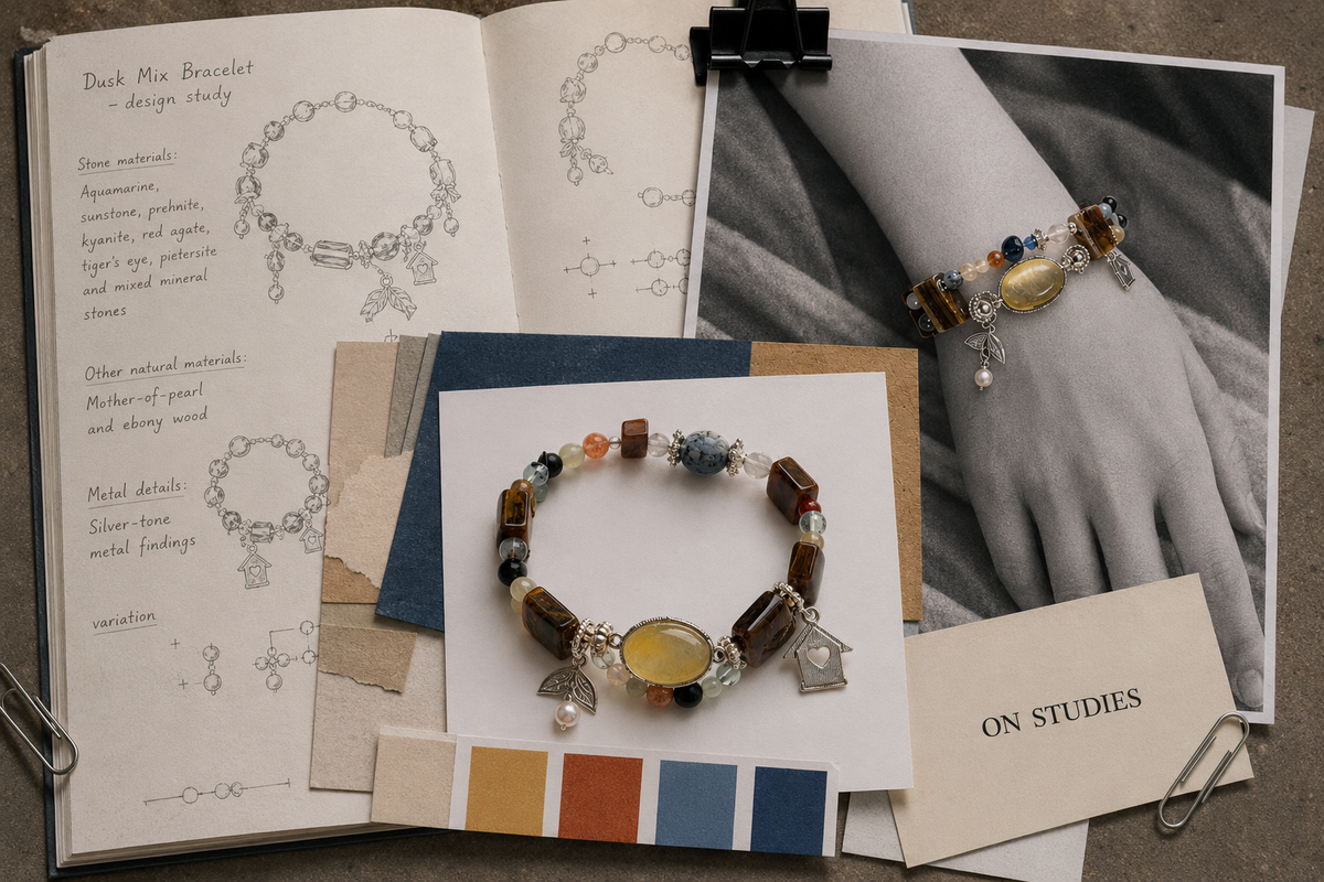 ON STUDIES bracelet arranged on design sketches with a bracelet photograph and color swatches