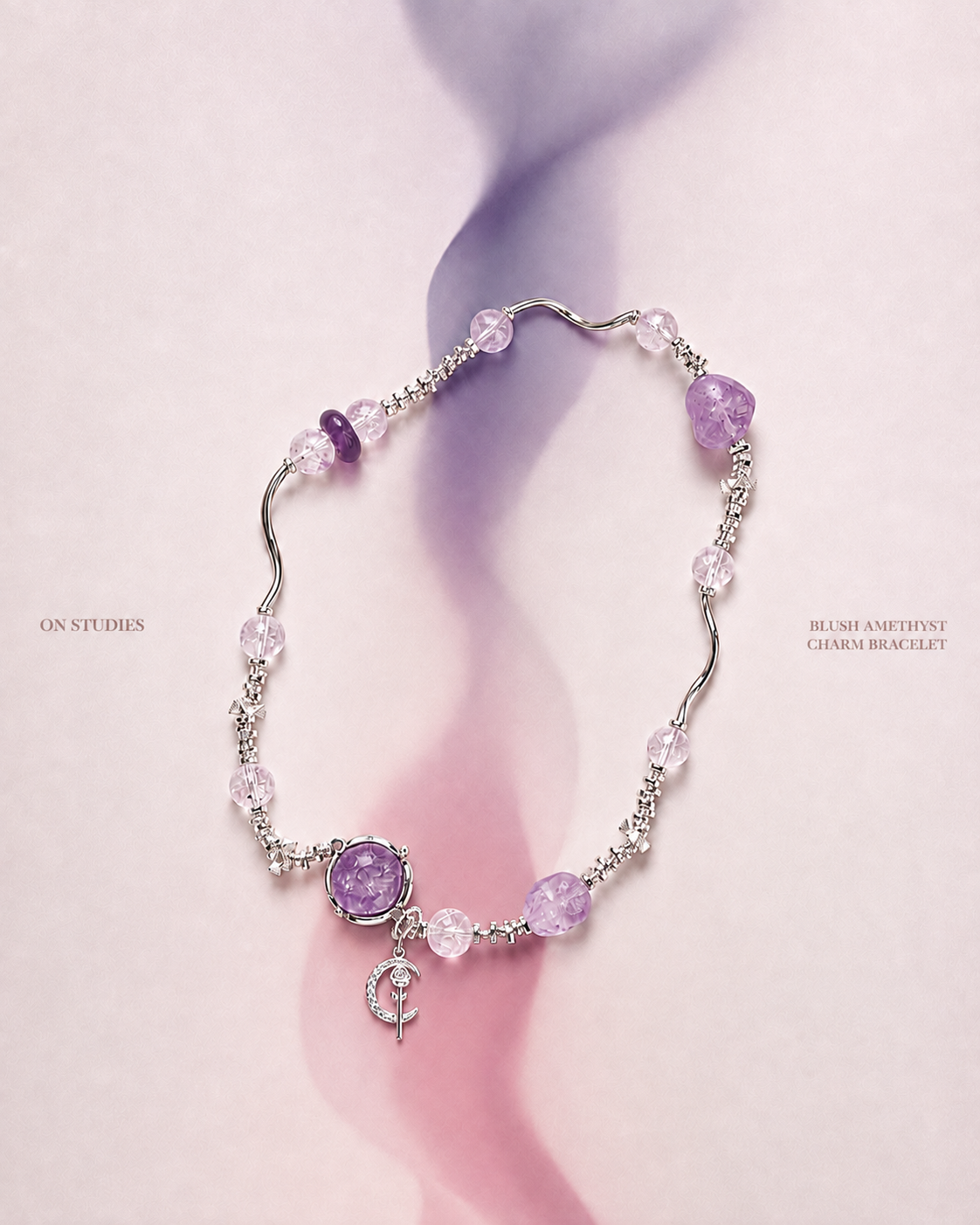 Blush Amethyst Charm Bracelet color study with natural stone and silver-tone details