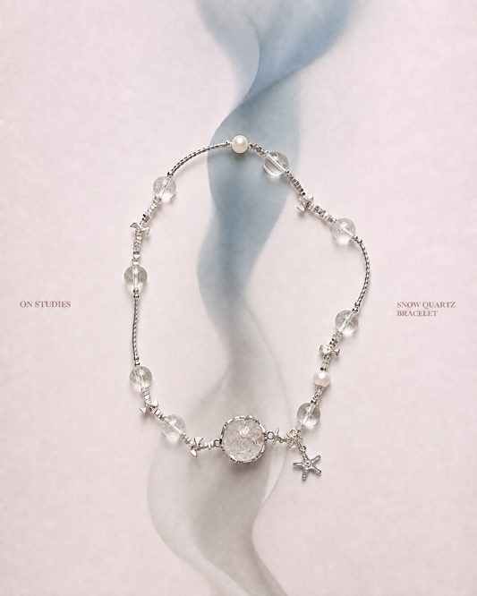 Snow Quartz Bracelet color study with clear quartz and silver-tone details