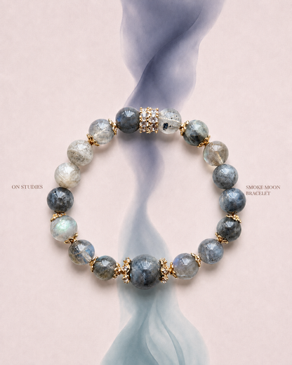 Smoke Moon Bracelet color study with grey moonstone and gold-tone details