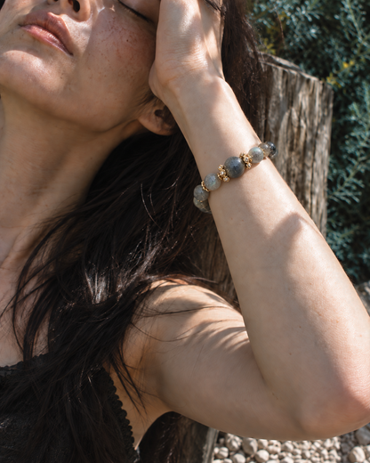 Close-up of Smoke Moon Bracelet worn on wrist