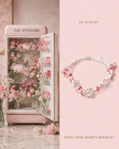 Petal Rose Quartz Bracelet color study with rose quartz and sparkling accents
